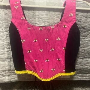 thrifted pink and black corset with bees; no brand
